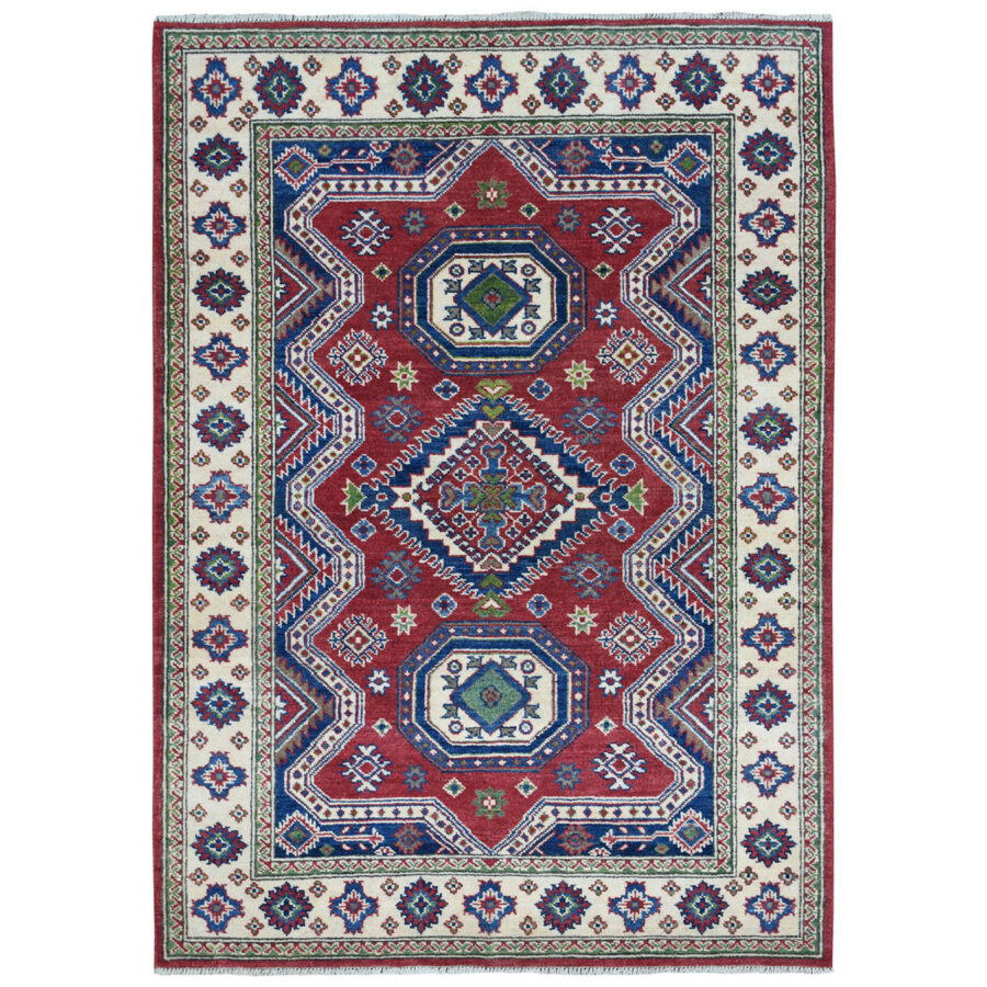 4'1" x 5'9",Red Geometric Design, Pure Wool ,Hand Knotted Oriental Rug