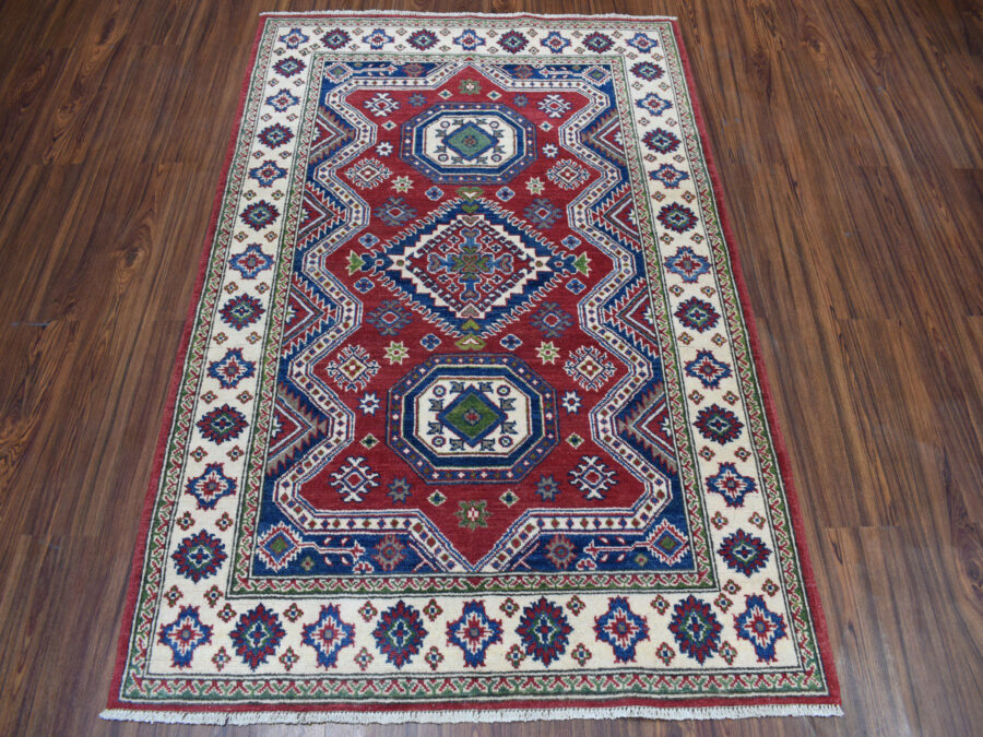 4'1" x 5'9",Red Geometric Design, Pure Wool ,Hand Knotted Oriental Rug - Image 2