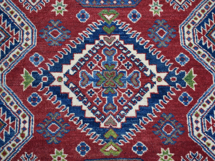 4'1" x 5'9",Red Geometric Design, Pure Wool ,Hand Knotted Oriental Rug - Image 3