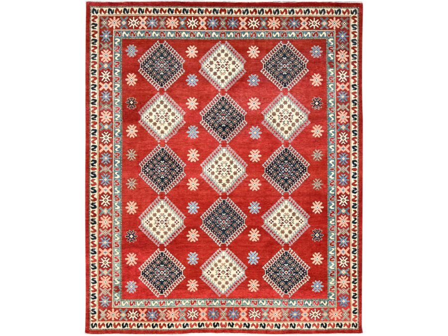 8'2"x9'9" ,Salsa Red with Geometric Patterns,Natural Dyes,Organic wool Oriental Rug