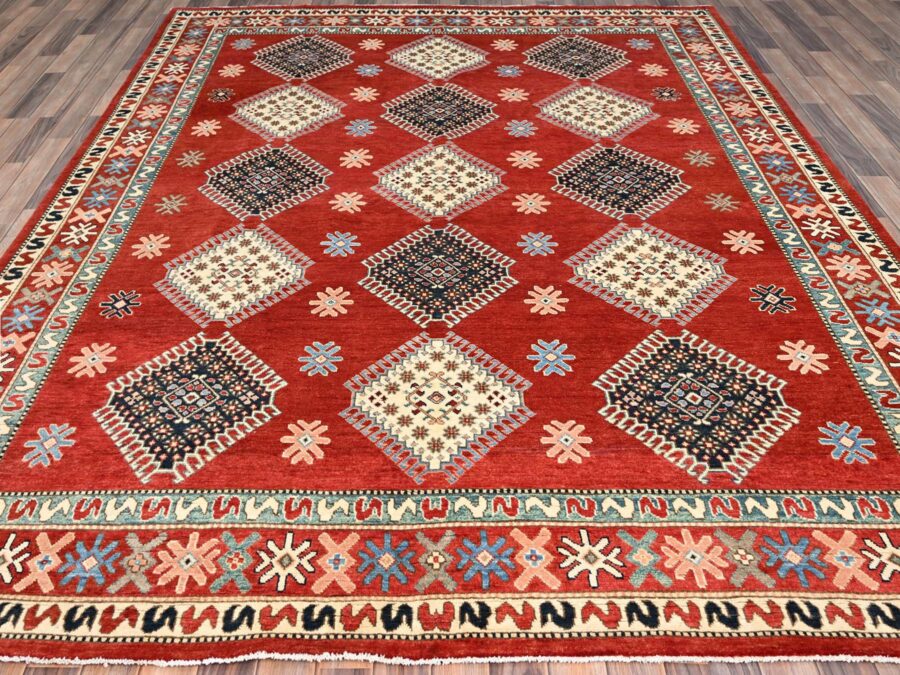 8'2"x9'9" ,Salsa Red with Geometric Patterns,Natural Dyes,Organic wool Oriental Rug - Image 2