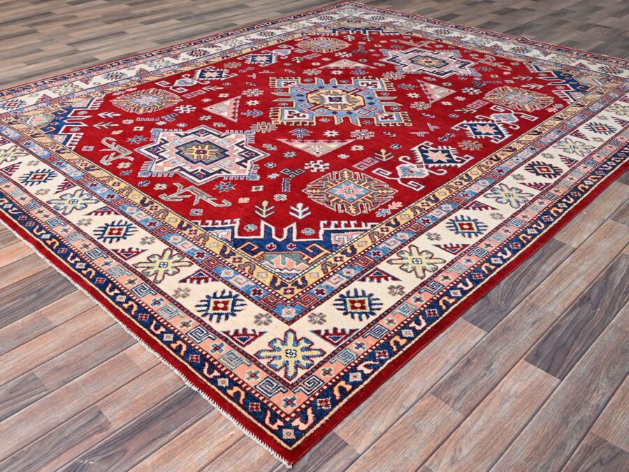 8'x9'10" ,Apple Red,Hand Knotted,Tribal Design,Natural Dyes And Organic Wool,Oriental Rug - Image 3