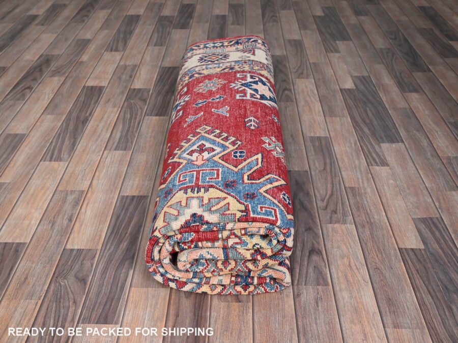 8'x9'10" ,Apple Red,Hand Knotted,Tribal Design,Natural Dyes And Organic Wool,Oriental Rug - Image 9