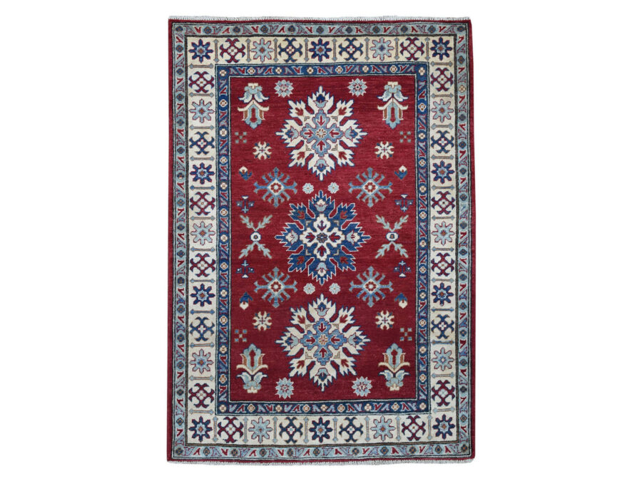 4'x5'10" Red Geometric Design Pure Wool Hand-Knotted Oriental Rug