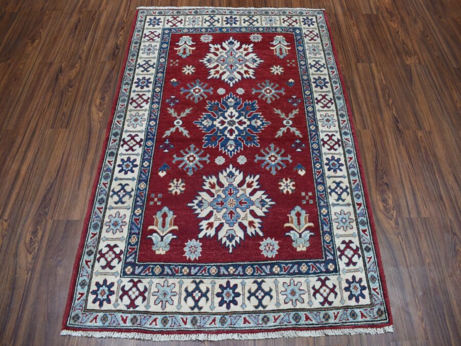 4'x5'10" Red Geometric Design Pure Wool Hand-Knotted Oriental Rug - Image 2