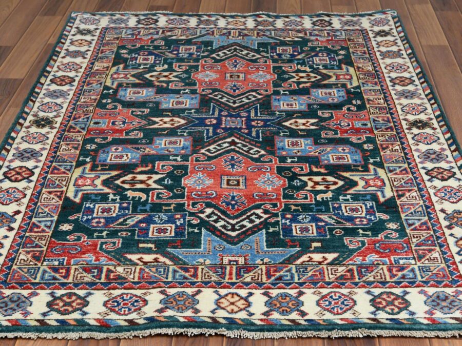 3'9"x5'6" Dark Green Geometric Design Special Organic Wool Oriental Rug - Image 2