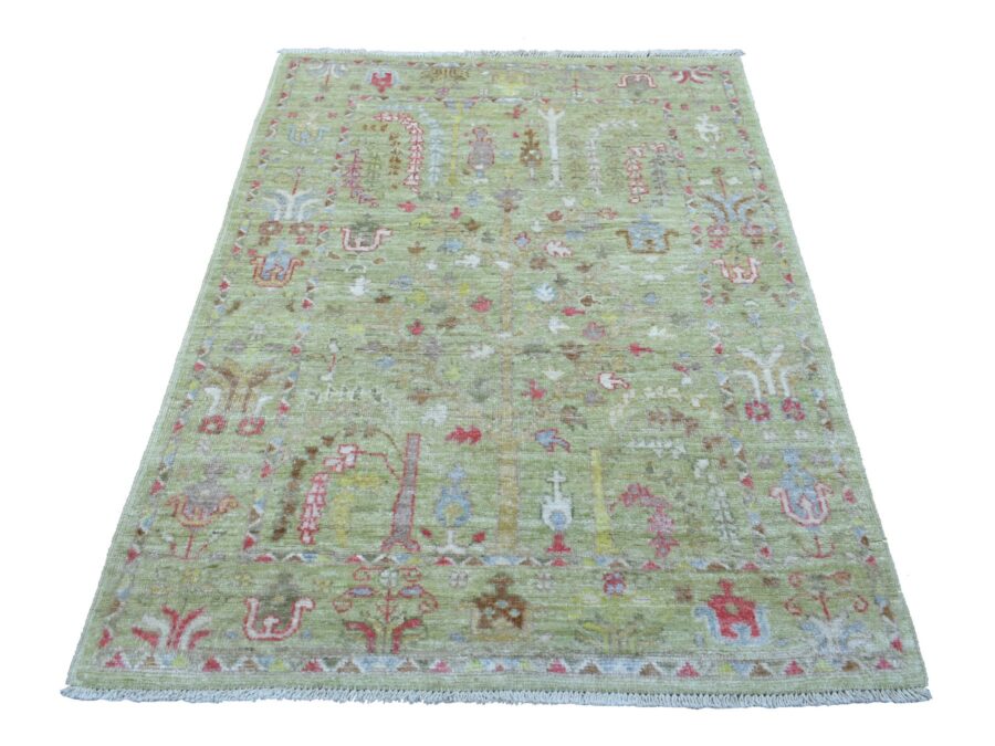 4'1"x5'9" Colorful Willow and Cypress Tree Design Organic Wool Hand Knotted  Oriental Rug