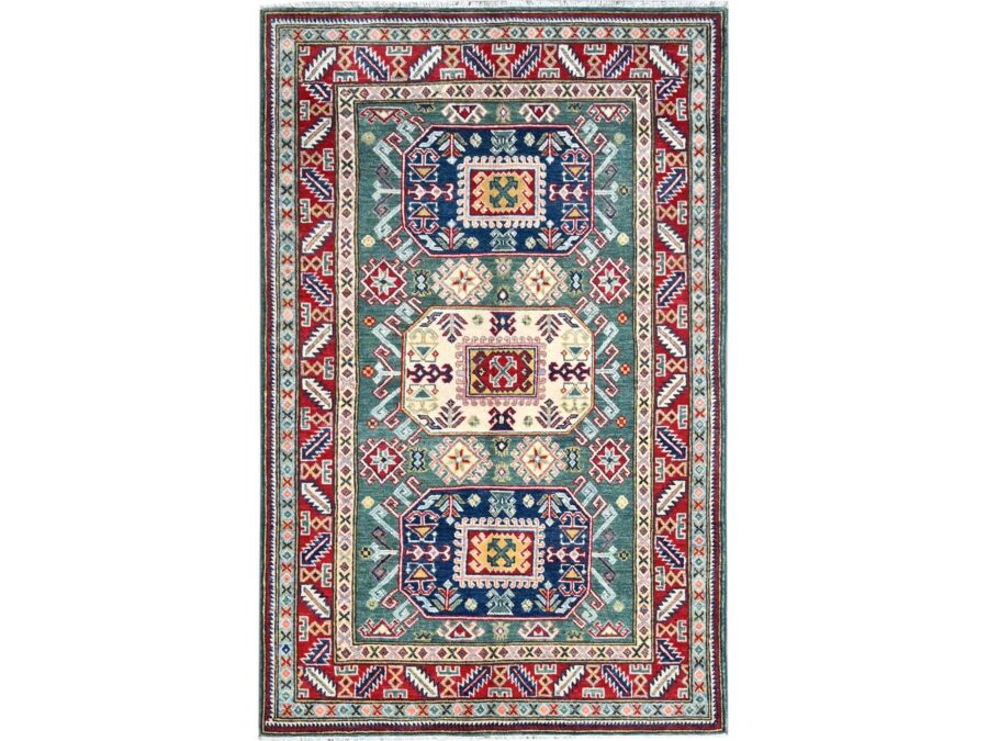 4'x6'3" Ultramarine Green With Triple Medallions Design Hand Knotted Soft Wool Oriental Rug