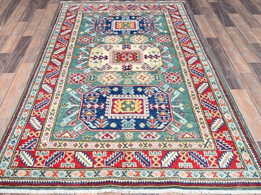 4'x6'3" Ultramarine Green With Triple Medallions Design Hand Knotted Soft Wool Oriental Rug - Image 2