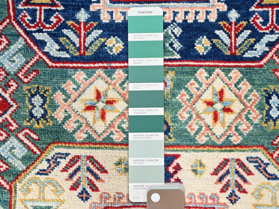 4'x6'3" Ultramarine Green With Triple Medallions Design Hand Knotted Soft Wool Oriental Rug - Image 4